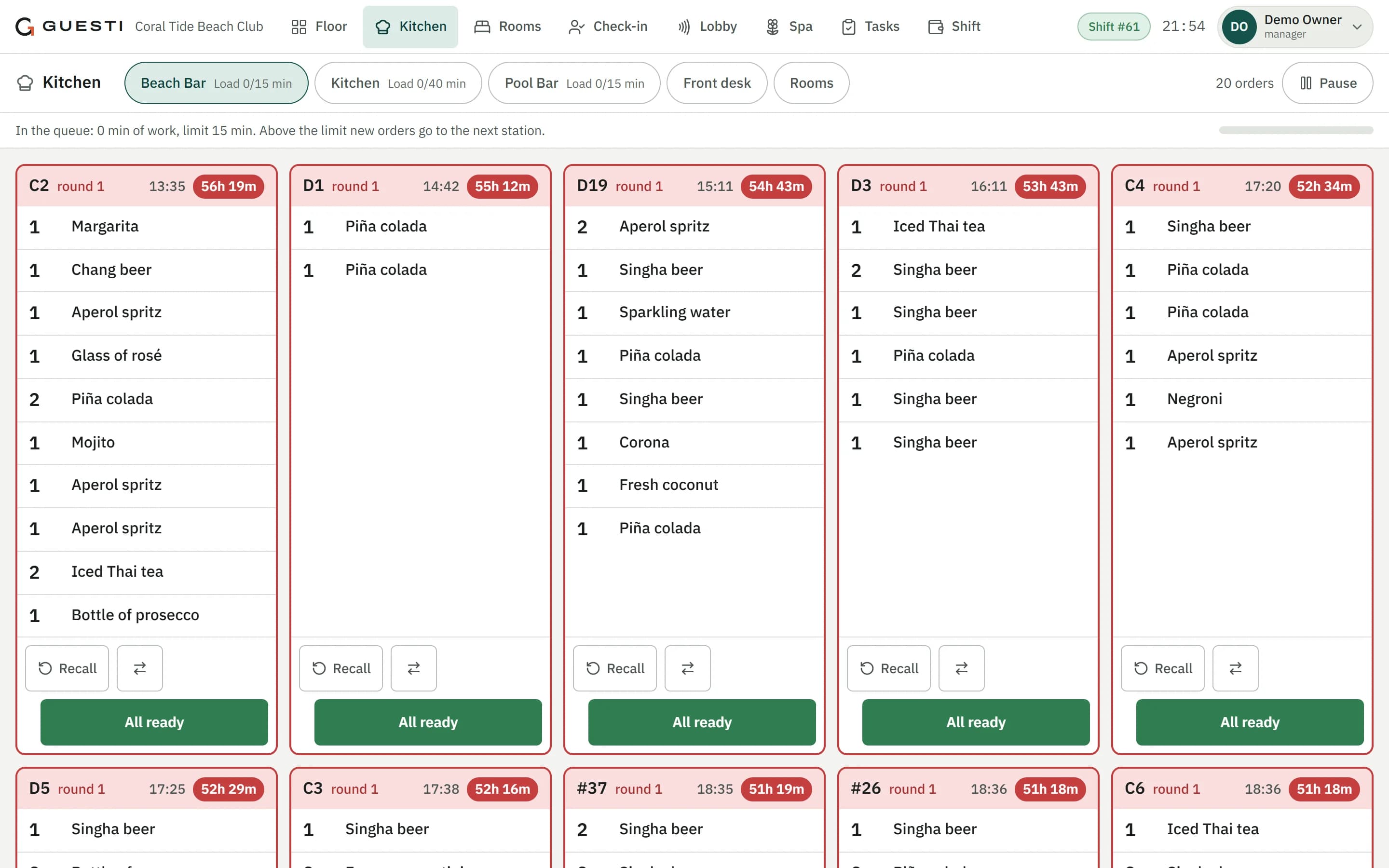 Kitchen order screen in Guesti