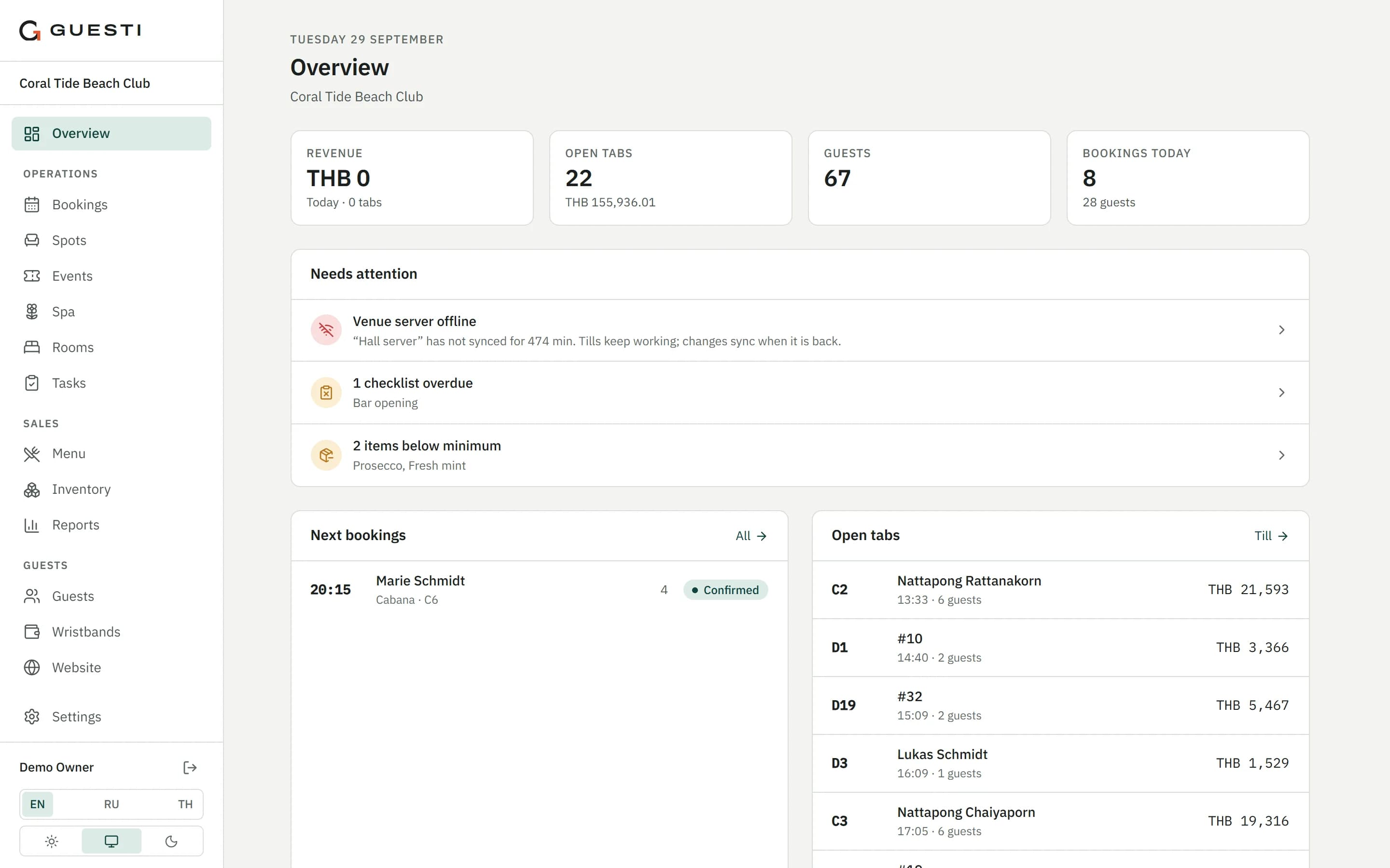 Venue overview in the Guesti dashboard: revenue, open checks, bookings and what needs attention