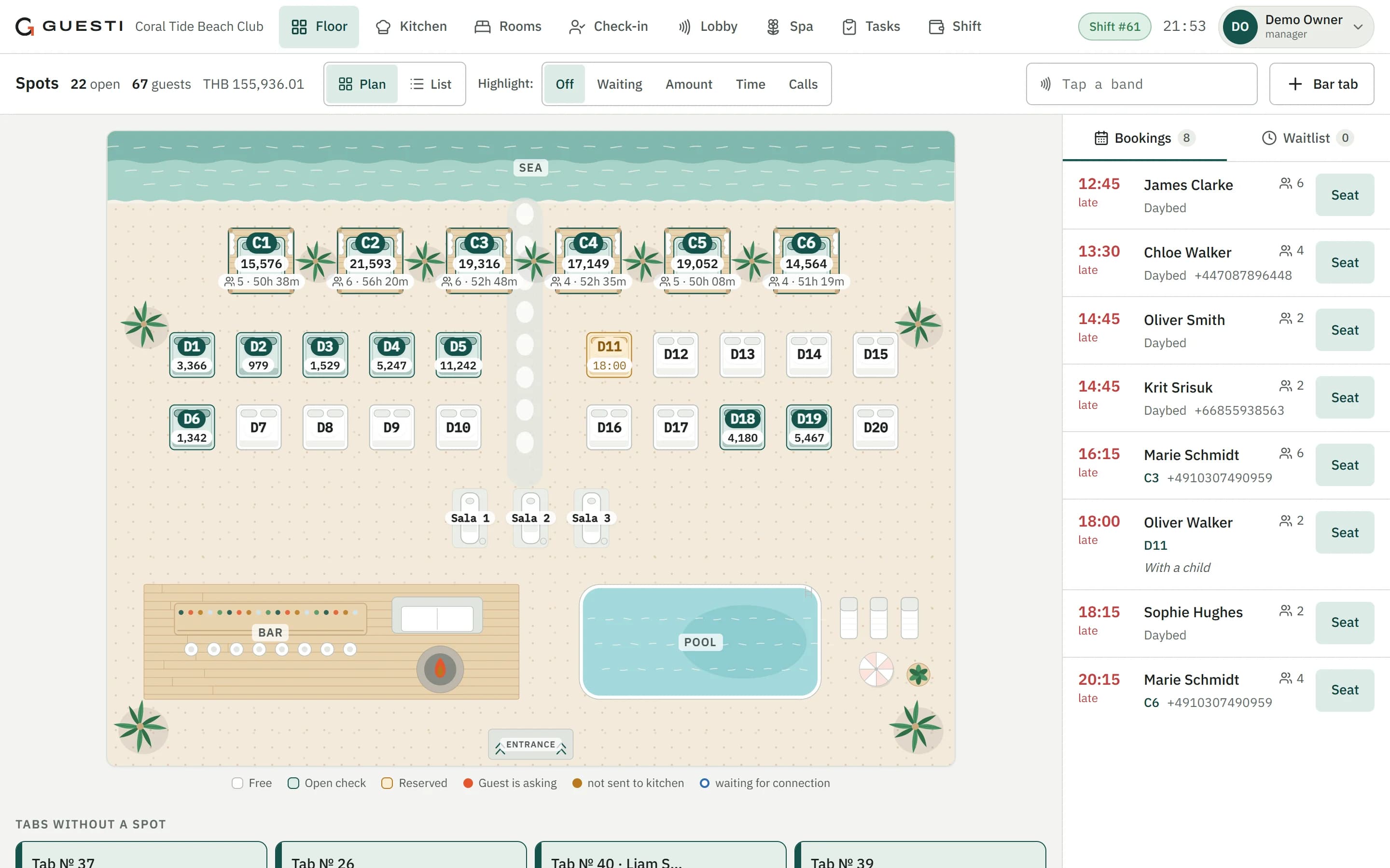 Floor plan on the Guesti POS with totals and time on each spot